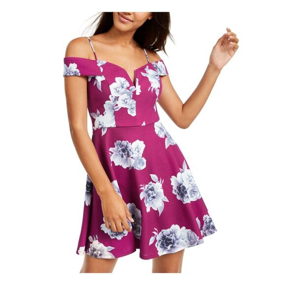 CITY STUDIO Dresses & Skirts - CITY STUDIO Womens Burgundy Cold Shoulder Floral Short Dress 9